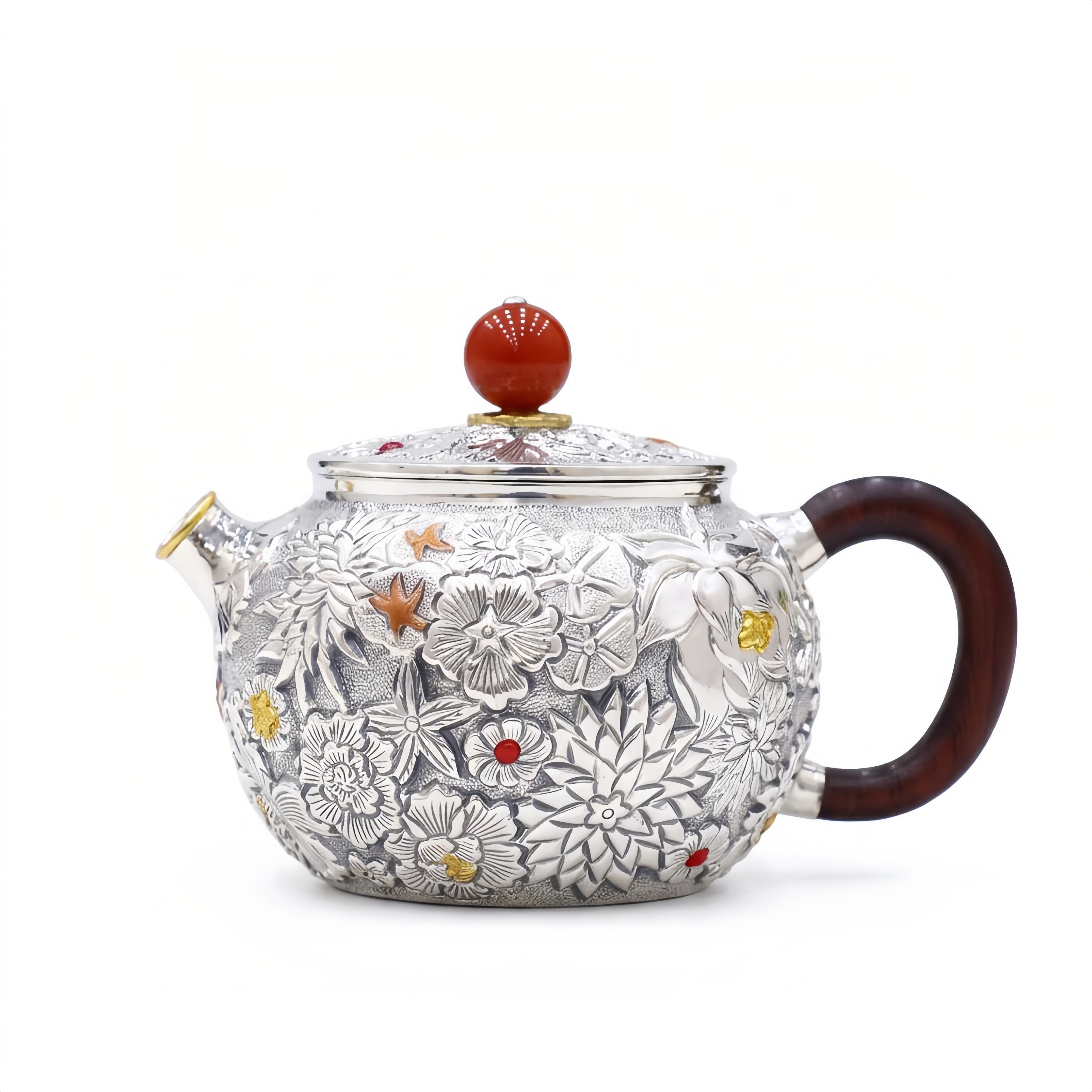 Handcrafted 925 Sterling Silver Floral Relief Teapot with Wooden Handle & Red Accent -  Luxury Silver Tea Pot Décor & Collectible