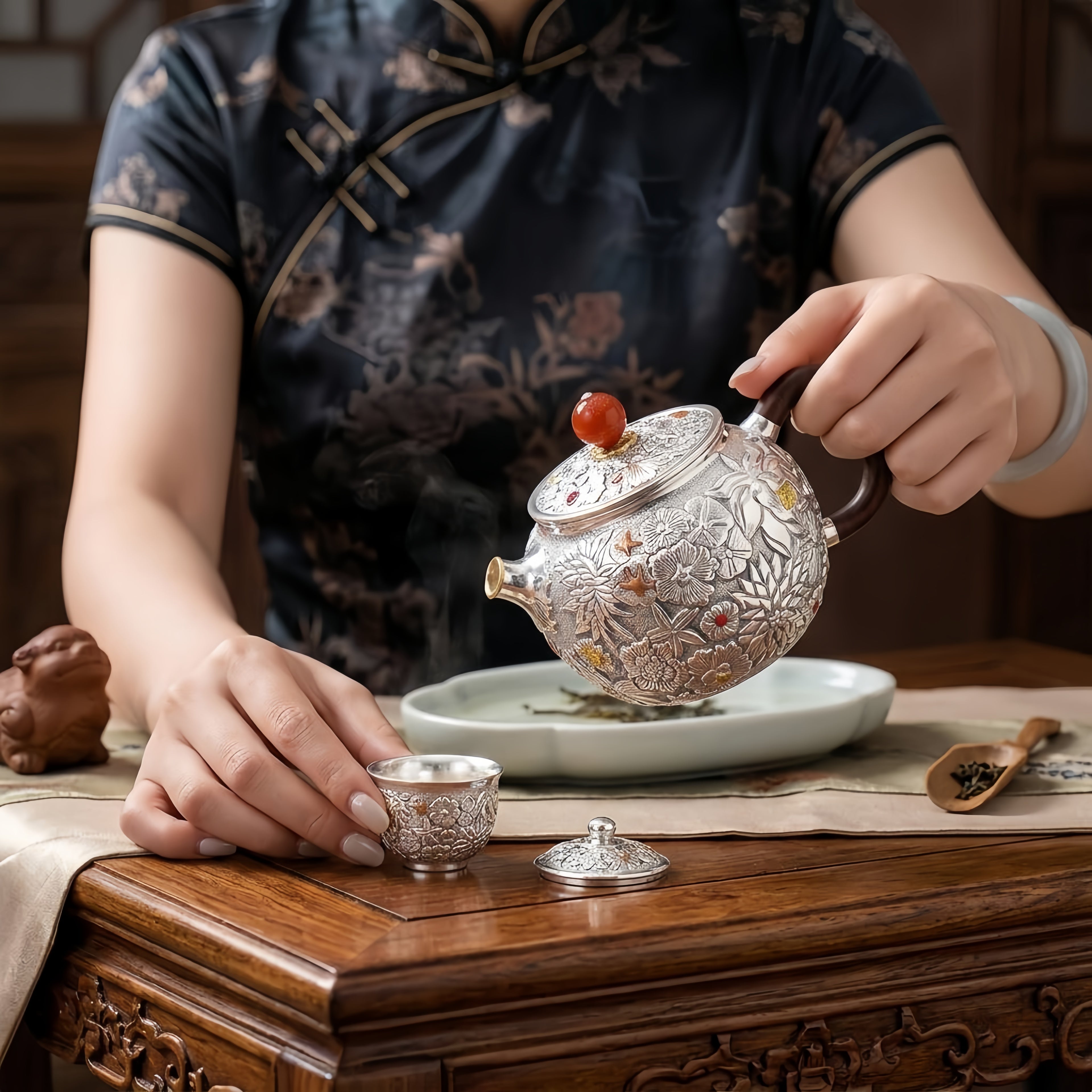 Handcrafted 925 Sterling Silver Floral Relief Teapot with Wooden Handle & Red Accent -  Luxury Silver Tea Pot Décor & Collectible